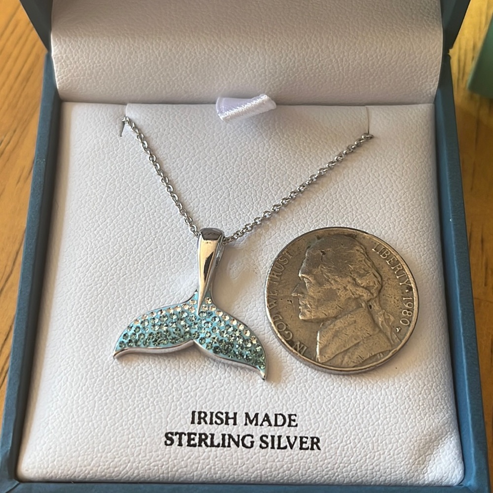 Ocean Jewelry Sterling Silver Blue Whale Tail Necklace w Crystals New Never Worn - Picture 3 of 4